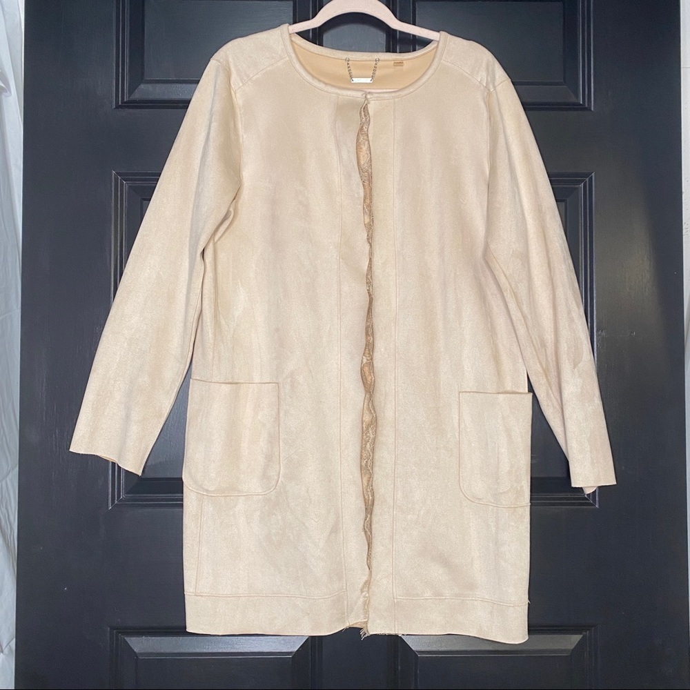T Tahari Faux Suede Leather Overcoat Layer Beige Colorway Size Large
